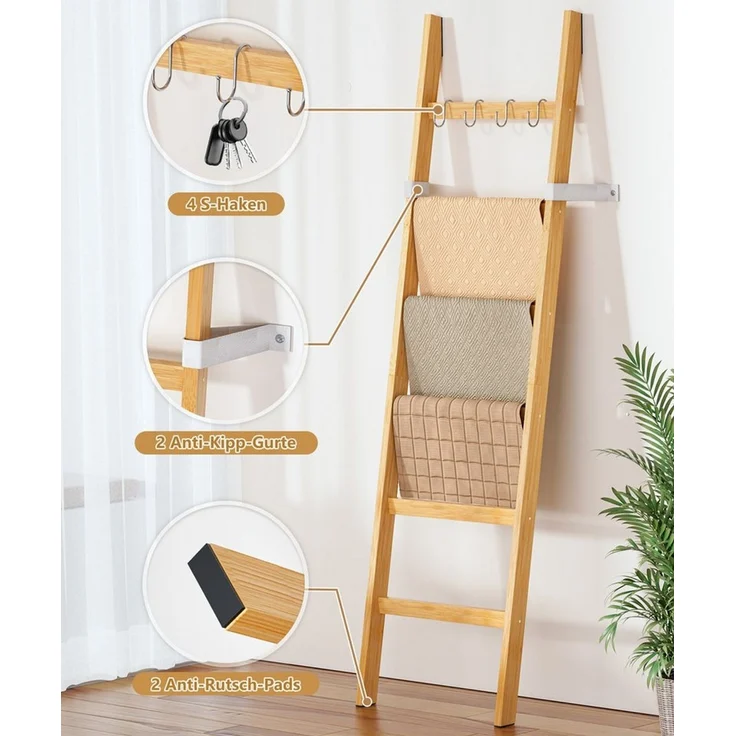 Yorbay Handtuchleiter Handtuchhalter Bambus, 6 Ebenen Leiterregal, 5 Haken und 2 Sicherheitsgurten, 60x170 cm, für Bad, Wohnzimmer – Bild 4