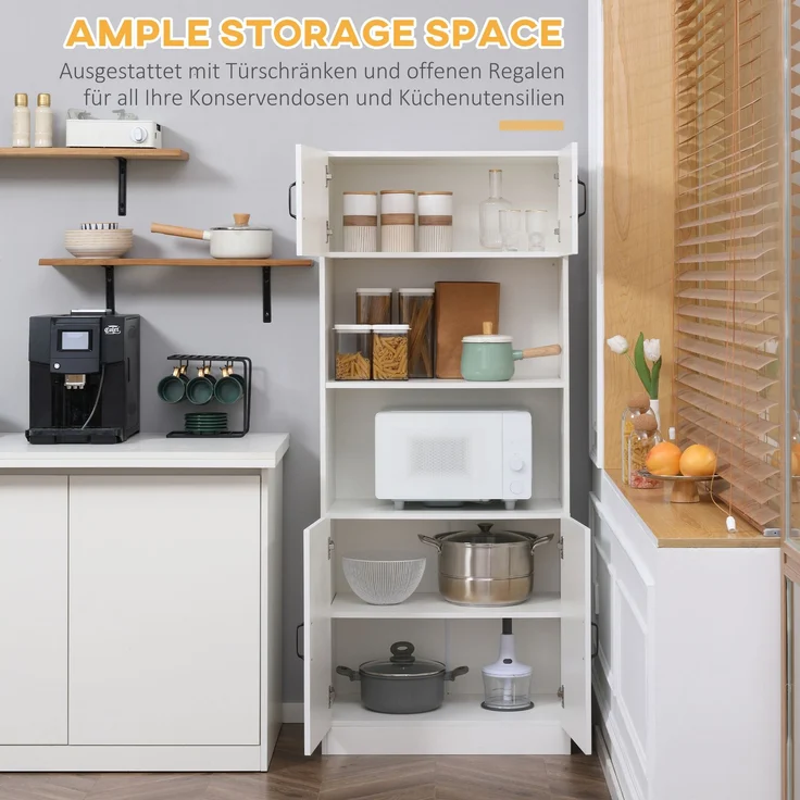Küchenschrank Küchenbuffet Hochschrank mit 2 Regalen und 2 Schränken mit verstellbaren Regalböden Mikrowellenregal Anti-Kipp-Gurt--Weiß--70x40x170cm--YOUDENOVA – Bild 4
