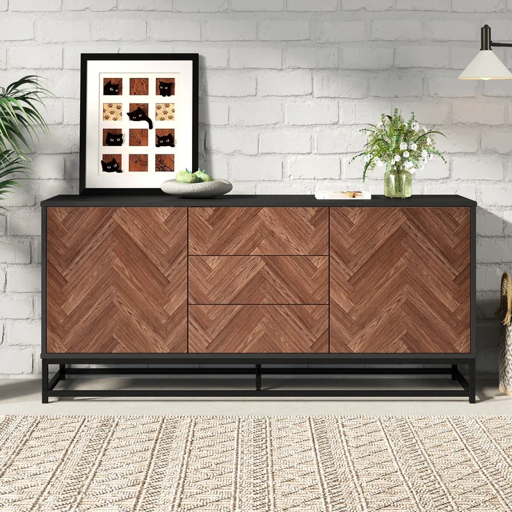 Sideboard Metallgestell mit 3 Schubladen & 2 Schranktüren 145x40x67 cm Eiche+Schwarz – Bild 3