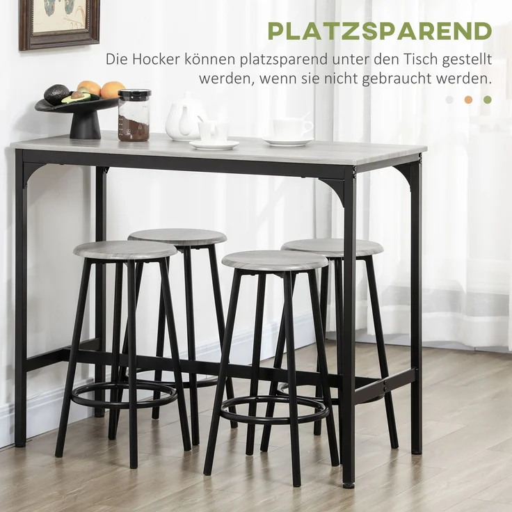 Bartisch mit Barhocker Set, 5-tlg. Bartisch-Set, Küchentisch mit 4 Barhocker, Essgruppe im Industriedesign, für Küche, Esszimmer, Metall, Grau – Bild 5