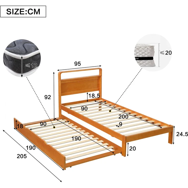 Merax Holzbett, Einzelbett, Kinderbett, 90x200 cm, mit Ausziehbett 90x190 cm, Funktionsbett mit links/rechts montierbarem Gästebett, Natur – Bild 4