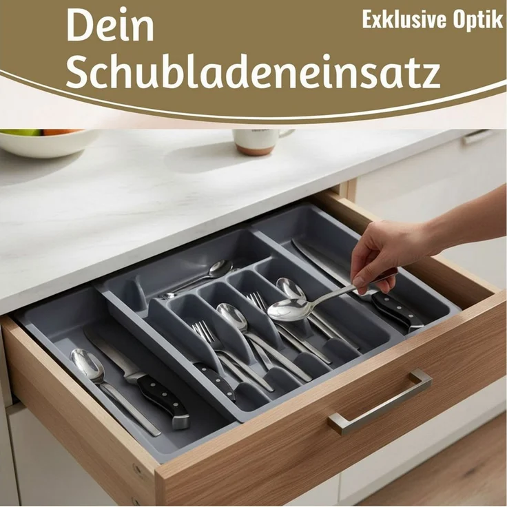 LS-LebenStil Besteckkasten Schubladeneinsatz Besteckkasten 29-50cm Grau ausziehbar Besteckbox (Besteckbox ideal in Küche, Haushalt für Aufbewahrung & Organisation, 1 St, Organizer verstellbar für handelsübliche Küchen-Schubladen), Kunststoff Cutlery Ut... – Bild 3