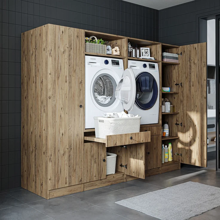 Roomart Waschmaschinenumbauschrank & Schrankwand für Waschküche - SERIE 1 - | 224 cm breit | Waschmaschine & Trockner | Mit Ausziehbrett | Hauswirtschaftsraum Möbel • Eiche – Bild 2