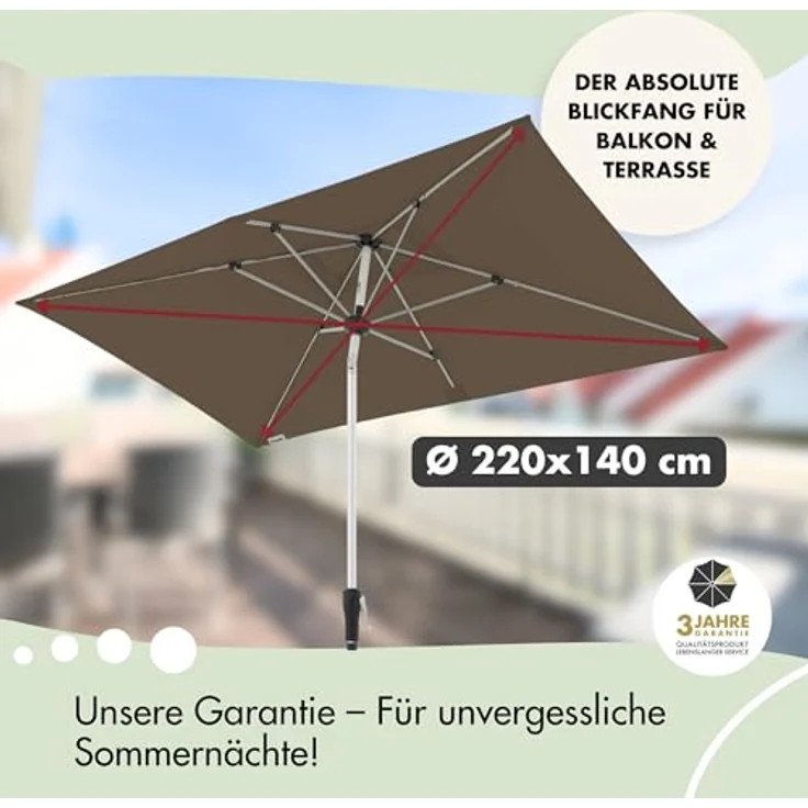 Doppler Sonnenschirm SL-AZ Auto Tilt 220x140 cm Natur I Gartenschirm knickbar I Kurbelschirm mit UV-Schutz 80+ I Kurbelschirm aus Aluminium I regenabweisendes Polyester-Schirmdach – Bild 3
