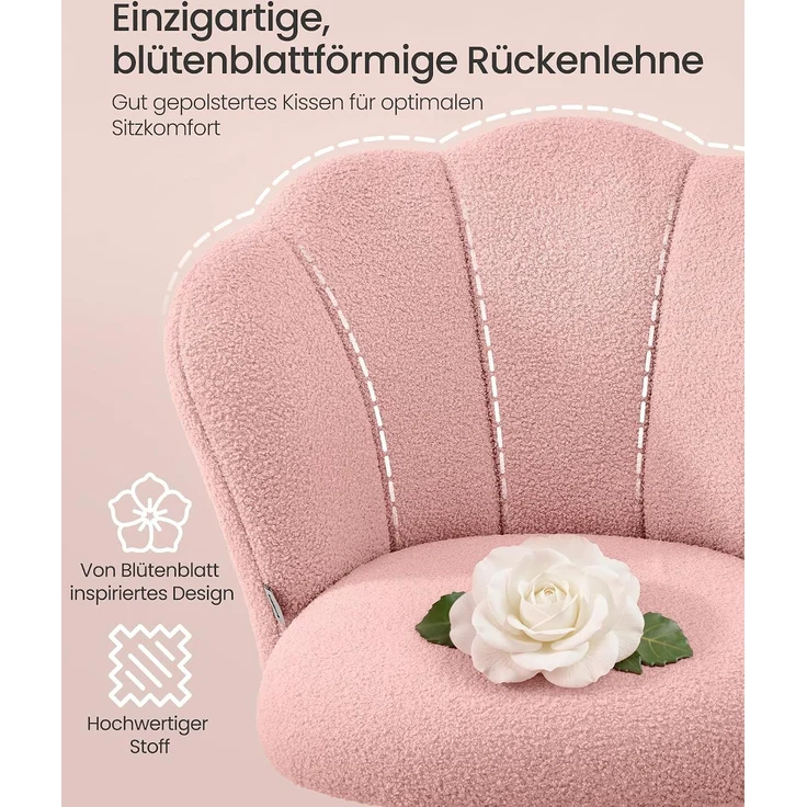 SONGMICS Drehbarer Schminktischstuhl, höhenverstellbarer Polsterstuhl mit Blütenblatt-Rückenlehne, Fleece, bis 110 kg, rosa – Bild 4