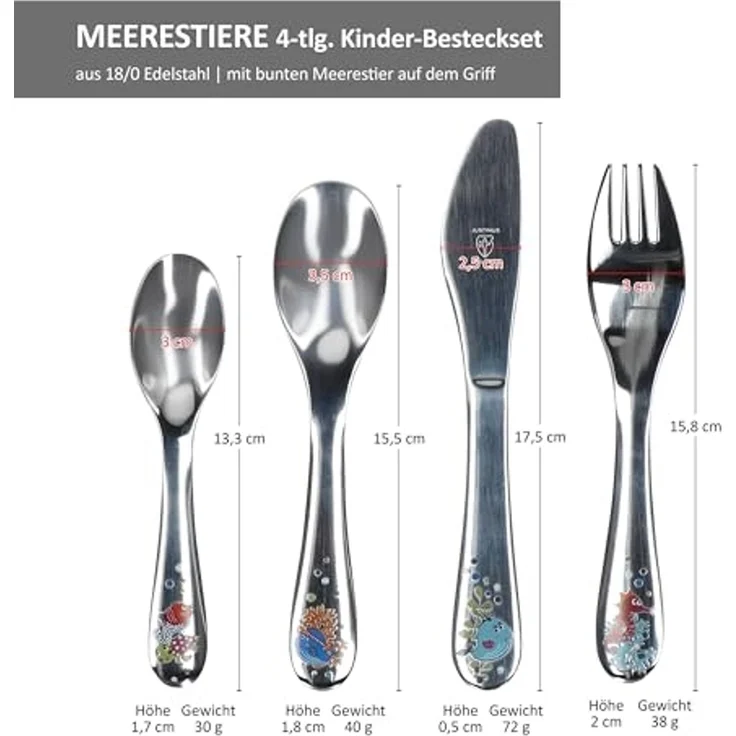 Justinus Besteck-Set Justinus 4tlg Meerestiere Kinder-Besteck-Set Messer Gabel Löffel, Edelstahl – Bild 6