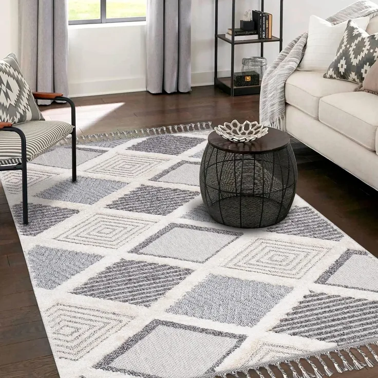 Teppich Wohnzimmer Läufer - Raute Muster - 80x150cm Creme Grau Blau - Fransen Deko Boho Flauschig - Cut & Loop Sisal - Schlafzimmer Flur Dekoration Läufer - Orientalischer Stil