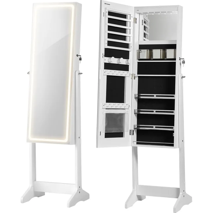 Schmuckschrank Spiegelschrank Schmuck Organizer mit LED Beleuchtung, Farbe und Helligkeit einstellbar, mit rahmenlosem Ganzkörperspiegel JJC012W01