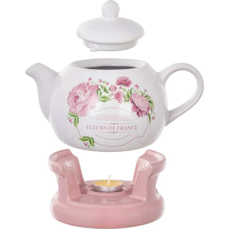KADAX Teekanne 1L mit Stövchen Set, Kaffeekanne aus Porzellan mit Deckel, Griff und Teestövchen, Kanne mit Teelicht Wärmer für Tee, Teeservice (Rosa/Weiß, Ohne Tassen) – Bild 4