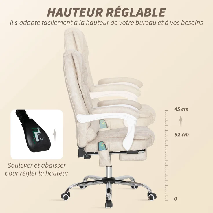Massage- und Heiz-Bürosessel, Bürostuhl, höhenverstellbar, neigbare Rückenlehne, 65 x 70 x 111–119 cm, cremefarben – Bild 8