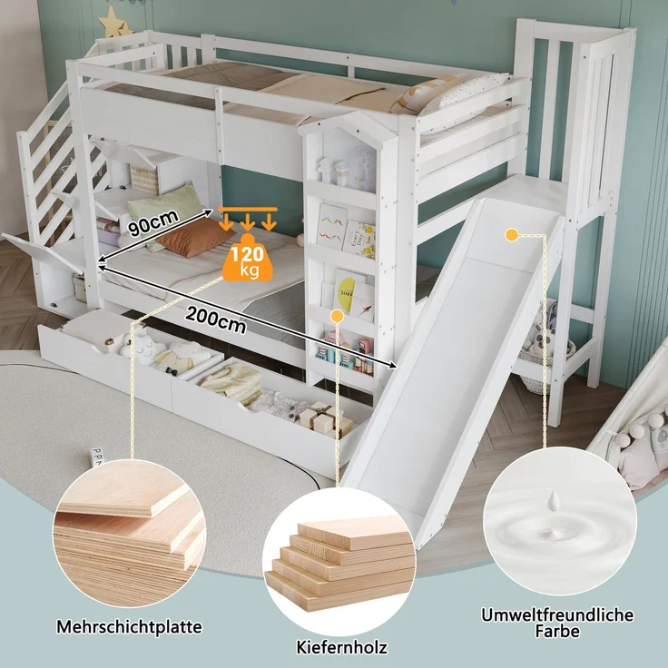 Merax Etagenbett, 90x200cm Kinderbett, Mit Bilderbuchregal, zwei Schubladen auf Rollen und Kinderrutsche, Treppenaufbewahrungs-Schrank, Weiß – Bild 7