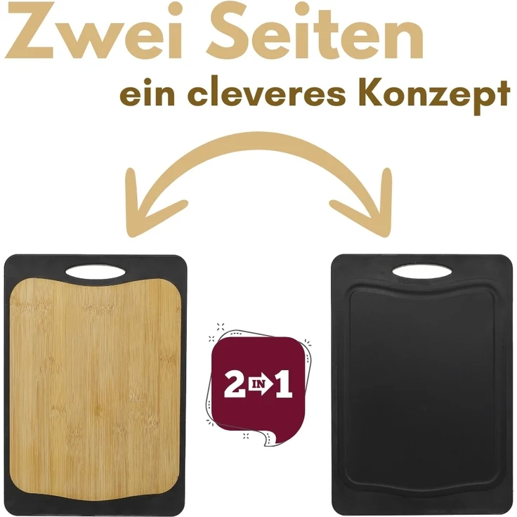 2er Set Schneidebrett Kunststoff und Bambus 2in1 Schneidbrett mit Anti-Rutsch Schneidebretter Küchenbrett Bambus Schneidebrett Schwarz Rutschfest mit Griffloch – Bild 5