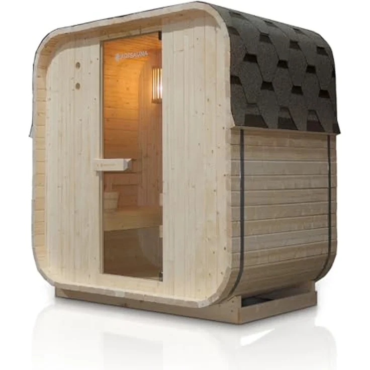Artsauna Fasssauna Nolvik M, Outdoor-Sauna aus Fichtenholz, 3,6 kW Ofen, LED, Komplettset mit Sanduhr, Eimer & Thermometer, winterfest, Cube Design – Bild 2