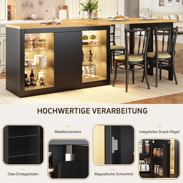 Merax Ausziehbarer Kücheninsel-Esstisch mit App-steuerbarer RGB-LED, 120-197cm, 360° drehbar, mit magnetischen Türen & Glas-Einlegeböden, Schwarz, belastbar bis 60kg – Bild 5