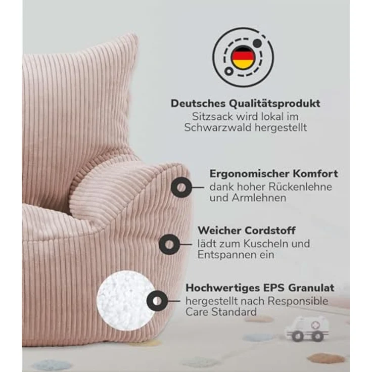 mokebo Der Pausenheld Kindersessel aus Cord, ergonomischer Kindersitzsack in Rosa für Kinder von 2 bis 6 Jahren – Bild 2