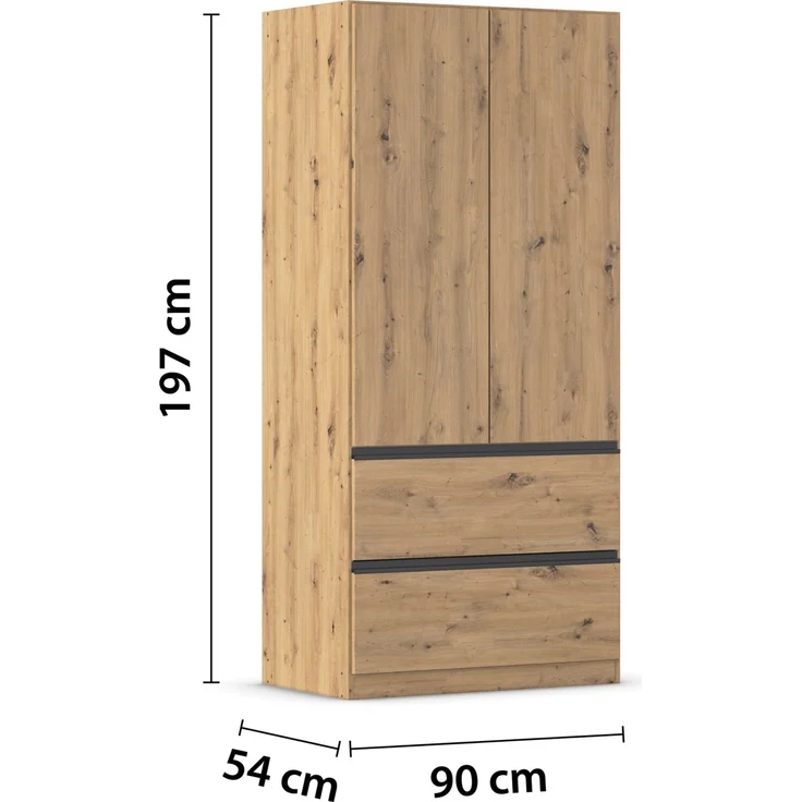 rauch Kleiderschrank, Drehtürenschrank COSTA, 2-türig, 2 Schubkästen, push-to-open, Eiche Artisan, 91 x 197 x 54 cm – Bild 4