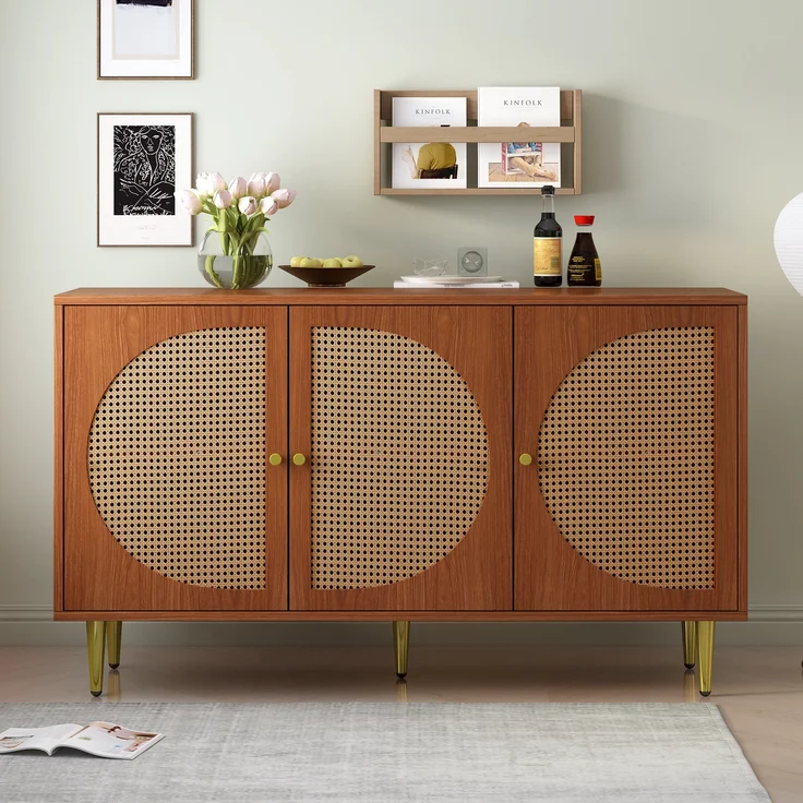 Sideboard, mit 3 Rattantüren, Metallbeinen & verstellbaren Böden, 129,8x40x76 cm, Walnuss – Bild 1