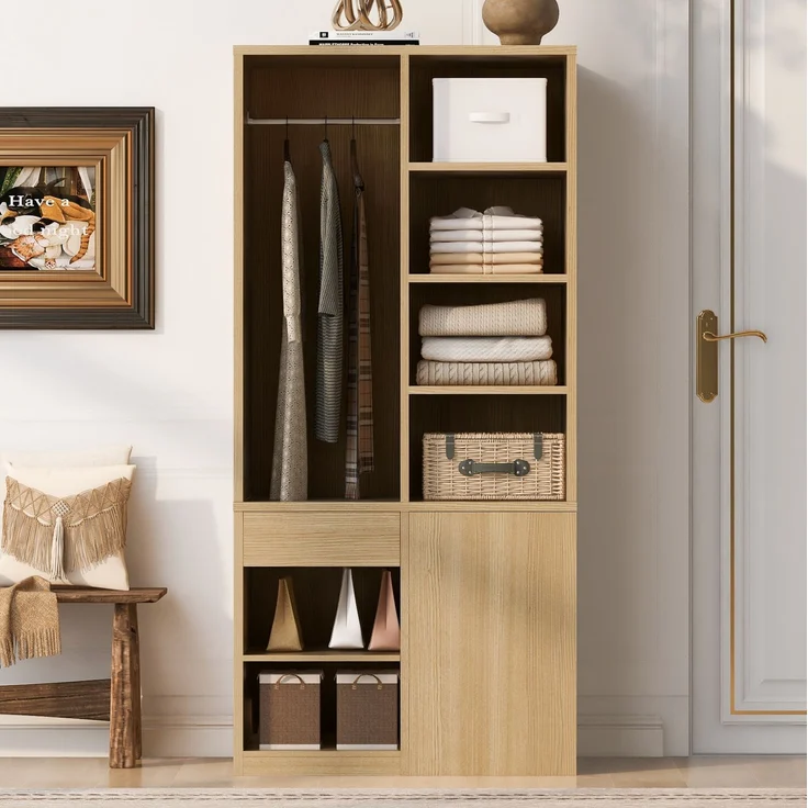Kleiderschrank 70 x 50 x 170 cm in Weiß und Holzfarbe mit Kleiderstange, offenen Fächern und Schubladen – Bild 2