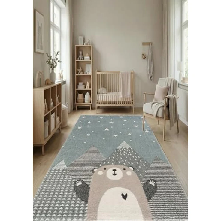 Teppich Kinderzimmer - Teppiche für Kinderzimmer, Kinderteppich Junge, Kinderteppich mit Bergen, Bär, Panda, Sterne, (Türkis-Beige, Größe: 160x230 cm) – Bild 4