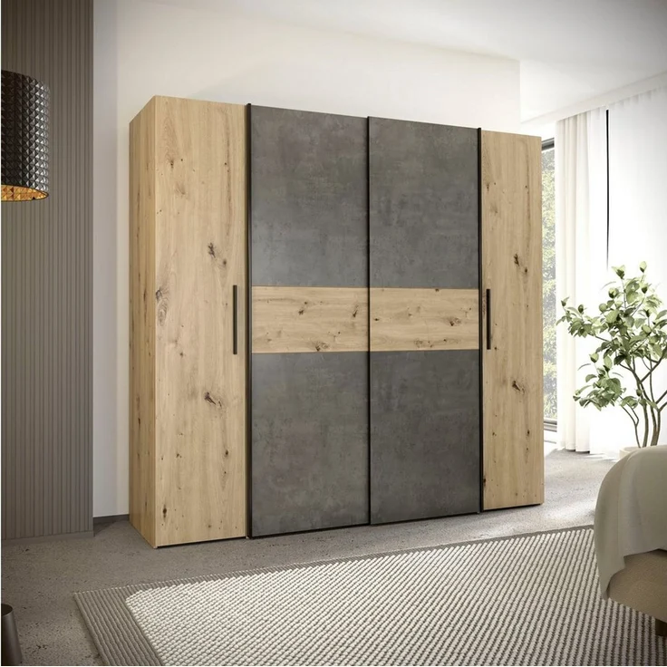 Forte KALIXTUS Kleiderschrank 200, moderner Dreh-/Schwebetürenschrank, 4-türig, geräumig, Holzwerkstoff, Artisan Eiche Holzdekor/Betonoptik Grau, 200,1 cm breit x 190,5 cm hoch x 61,2 cm tief – Bild 1