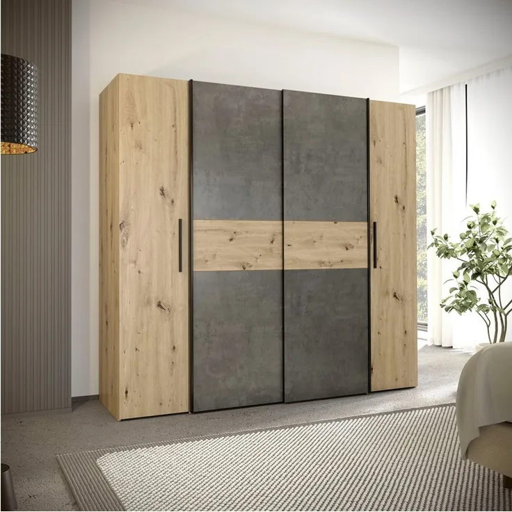 Forte KALIXTUS Kleiderschrank 200, moderner Dreh-/Schwebetürenschrank, 4-türig, geräumig, Holzwerkstoff, Artisan Eiche Holzdekor/Betonoptik Grau, 200,1 cm breit x 190,5 cm hoch x 61,2 cm tief