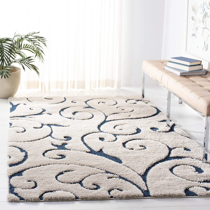 SAFAVIEH Zottelig Teppich für Wohnzimmer, Esszimmer, Schlafzimmer - Florida Shag Collection, Hoher Flor, Creme und Blau, 99 X 160 cm