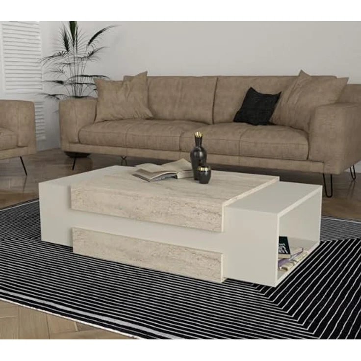 moebel17 Couchtisch Nora, Beige, Holzwerkstoff, Granitoptik, Rechteckig, 110x57x31 cm, mit 2 Regalfächern für zusätzlichen Stauraum – Bild 2
