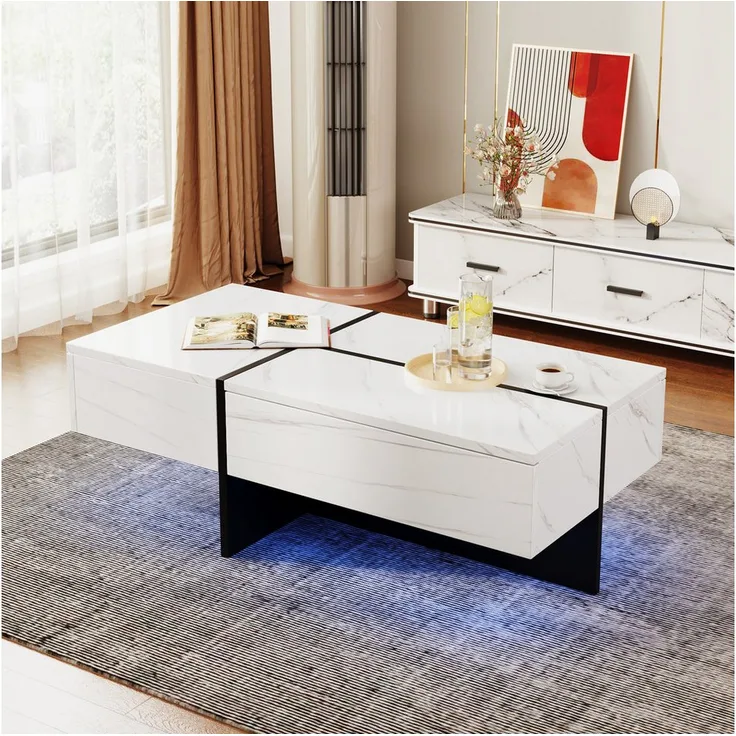 OKWISH Couchtisch Hochglanz mit LED-System und Marmoroptik, 100 × 50 × 34,5 cm, mit Stauraum und App-Steuerung
