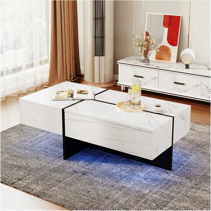 OKWISH Couchtisch Hochglanz mit LED-System und Marmoroptik, 100 × 50 × 34,5 cm, mit Stauraum und App-Steuerung