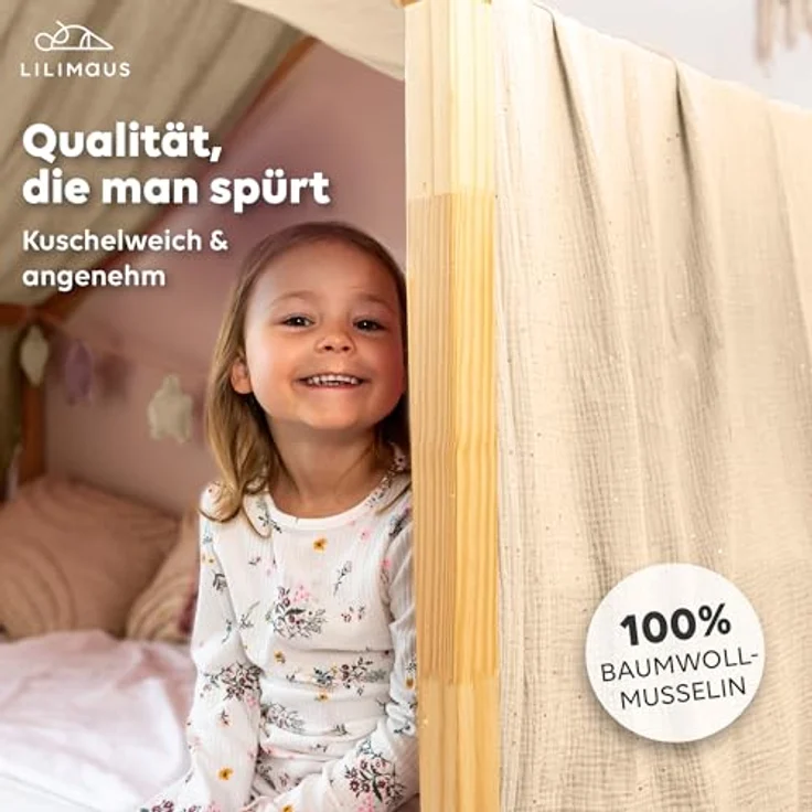 lilimaus Betthimmel Musselin Hausbett Himmel Kinderzimmer Baumwolle mit Gold, Gemütlicher Baldachin aus Baumwolle für traumhafte Kinderzimmer-Deko – Bild 3