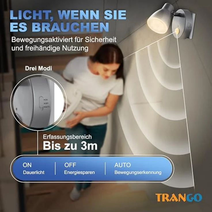TRANGO LED Nachtlicht, Bewegungsmelder, 2635-014 LED Sensor Steckdosenlampe *MILO* mit Automatikfunktion in Silber Sicherheitslicht 230V, Wandlampe, Orientierungslicht, Nachtlampe, Steckdosenlicht – Bild 4