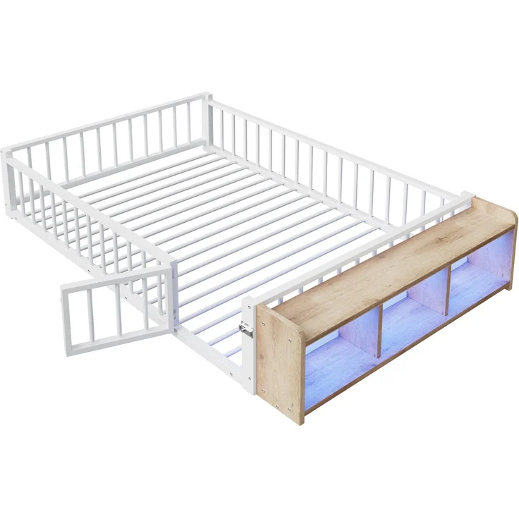 Kinderbett mit LED-Streifen, Regal, Zaun, Lattenrost und Tür, 140x200 cm, Einzelbett mit Rausfallschutz, Metallbett – Bild 8