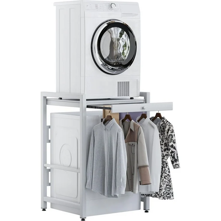 Rutaqian Waschmaschinenunterschrank Regal über Waschmaschine,105×73×63cm, Metall Weiß (Waschmaschinenregal, 1-St, Doppelschicht Waschmaschinenständer) Höhenverstellbar Wäschetrocknerständer mit Schiebehänger–200kg – Bild 1