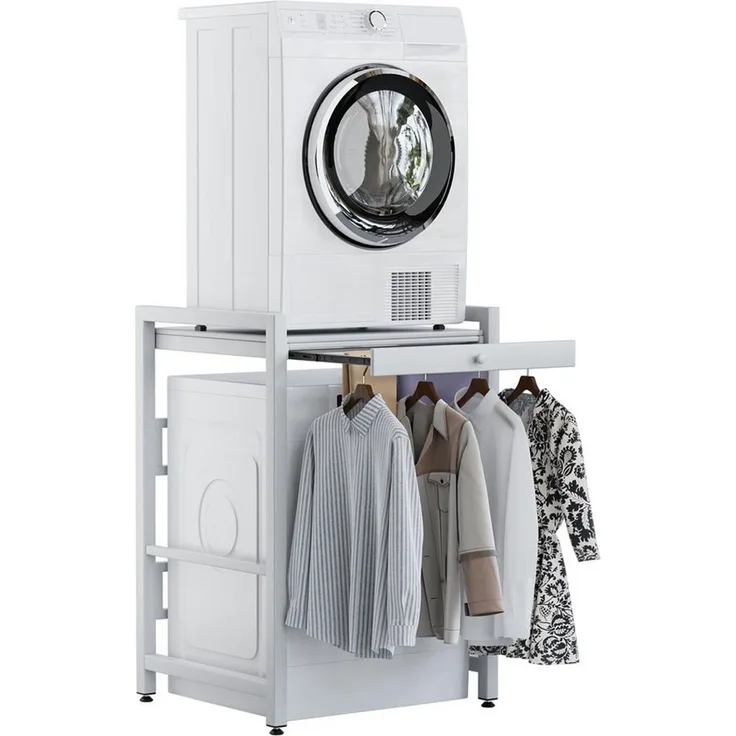 Rutaqian Waschmaschinenunterschrank Regal über Waschmaschine,105×73×63cm, Metall Weiß (Waschmaschinenregal, 1-St, Doppelschicht Waschmaschinenständer) Höhenverstellbar Wäschetrocknerständer mit Schiebehänger–200kg