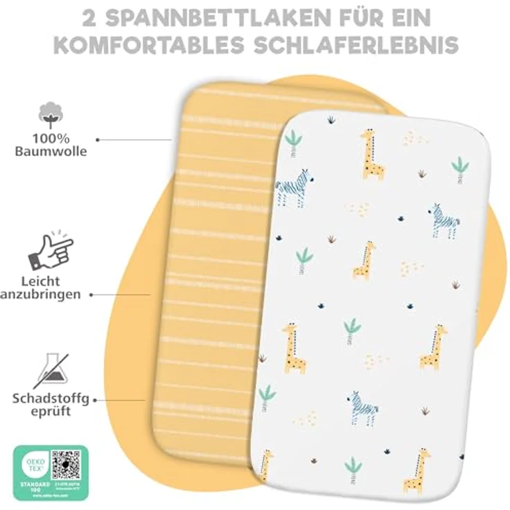 2X Spannbettlaken aus 100% Baumwolle mit Gummiband - 1X Matratzenschoner aus 100% wasserdichtem Material - 3er-Set - 50x83 cm - Savanne – Bild 4