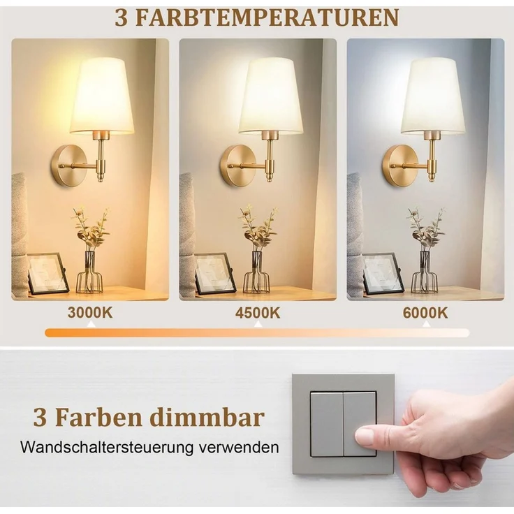 POPOLIC LED Wandleuchte Stoff Kabellose Wandleuchten,Retro Gold Wandlampen mit 1 Glühbirnen, LED wechselbar, Stoff Wandbeleuchtung E26/E27,für Wohnzimmer, Waschtisch, Badezimmer – Bild 3