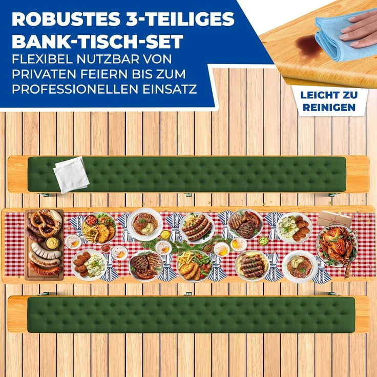 KESSER® Bierzeltgarnitur, 3 teilig, Klappbar, 2x Bierbänke 1x Biertisch 16-teiliges Bodenschoner-Set, Holz Natur, 220 x 50 x 77 cm – Bild 8