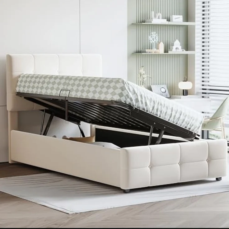 Odikalo Polsterbett Kinderbett Boxbett Stauraumbett Höhenverstellbares Kopfteil 90x200cm – Bild 2