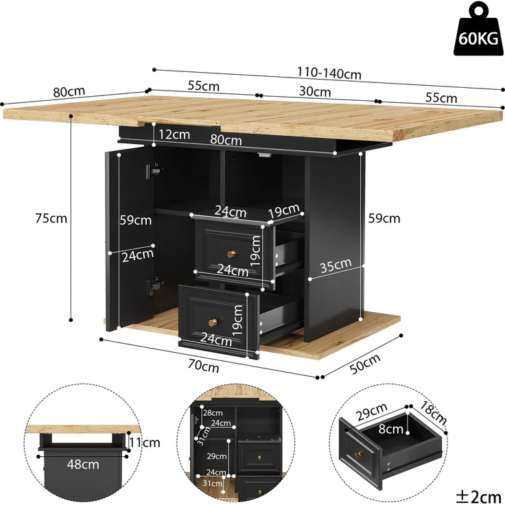 Ausziehbarer Esstisch 110/140x80x75 cm, Holzoptik, mit integriertem Stauraum (Tür, 2 Schubladen, Fach) – Bild 10