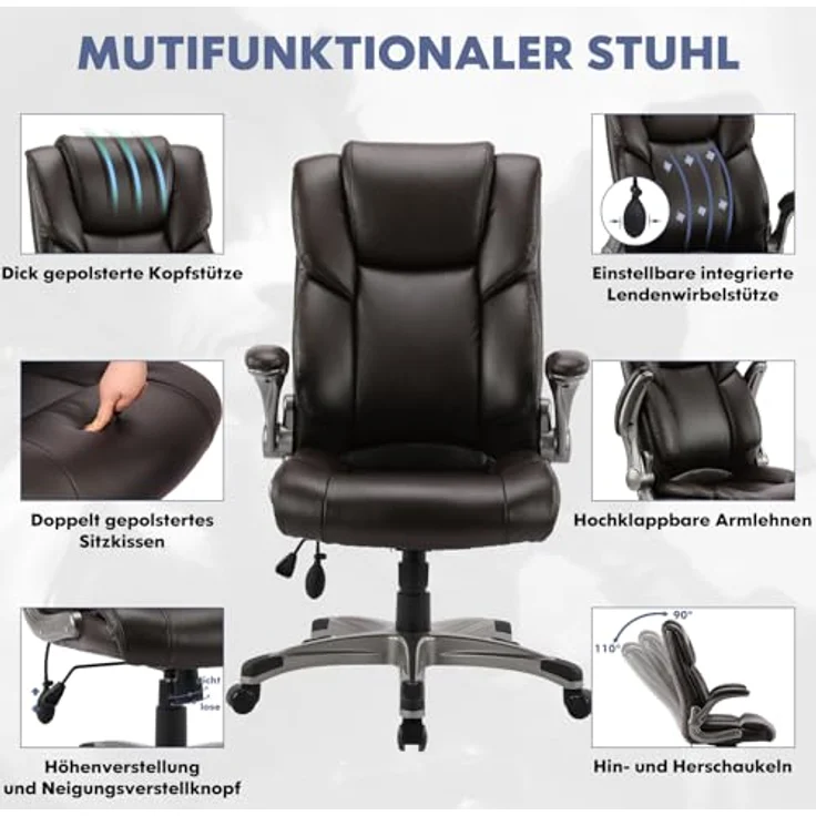 COLAMY Bürostuhl Ergonomisch, Chefsessel mit Hoher Rückenlehne, Schreibtischstuhl Lederstuhl mit Gepolsterten Klapparmlehnen, Verstellbarer Neigungsverschluss, Drehstuhl für Erwachsene, Braun – Bild 6