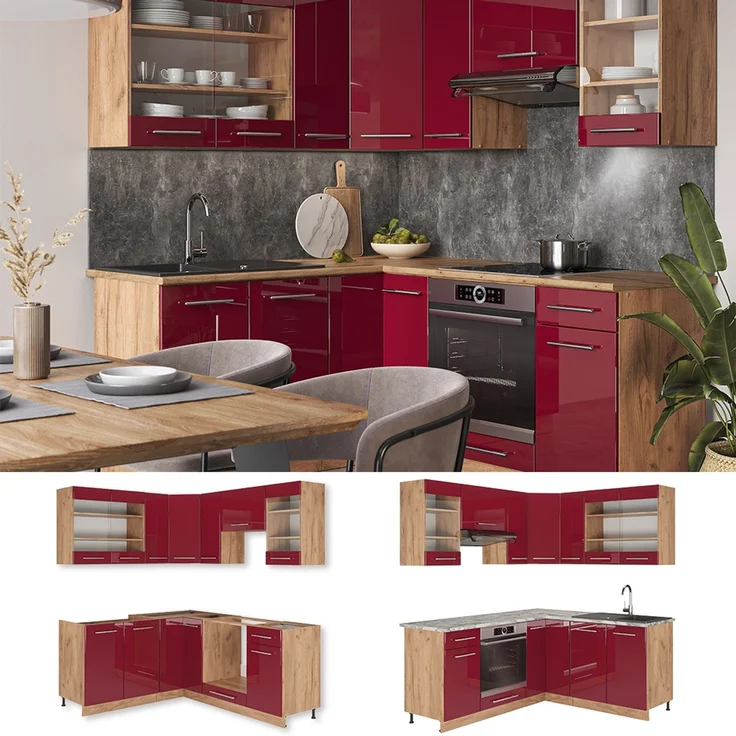 Eckküche Fame-Line Bordeaux Hochglanz/Goldkraft Eiche 190 x 160 cm ohne Arbeitsplatte Vicco – Bild 2