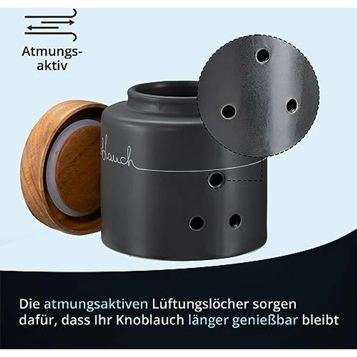KHG Knoblauch Aufbewahrung Keramik Steingut poliert, Anthrazit Grau Holz-Deckel Bambus, Knoblauchdose Kapazität 250 g oder 1,5 Liter, rund & mit Beschriftung, Knoblauch Behälter Höhe 13,5 cm & 13,5 cm – Bild 7