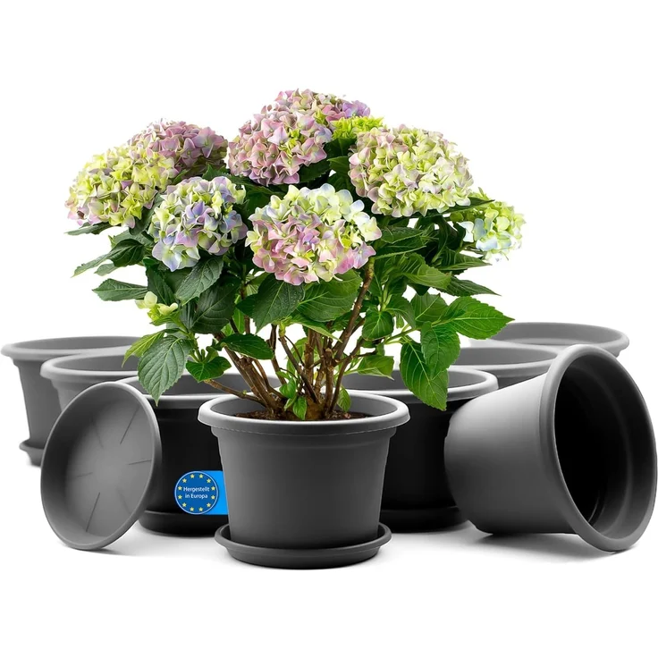 BigDean 8 Stück Blumentopf mit Untersetzer rund ø 20 cm Anthrazit – wetterfester Pflanzkübel Made in Europe – Bild 1