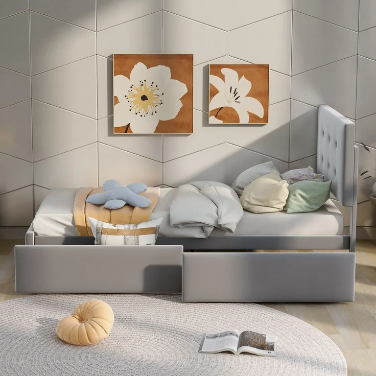 Polsterbett mit Stauraumschublade, Samtstoff, modernes Kinder- & Gästebett, robustes Lattenrost,Grau – Bild 5