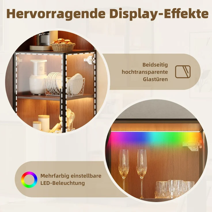 ZUBALIYA Vitrinenschrank 70×38×160 cm mit Ausziehregal – Doppelglas-Standvitrine LED, MDF-Schrank Walnuss, Glasvitrine & Aufbewahrung, multifunktionaler Hochschrank für Wohnzimmer, Esszimmer, Küche – Bild 5