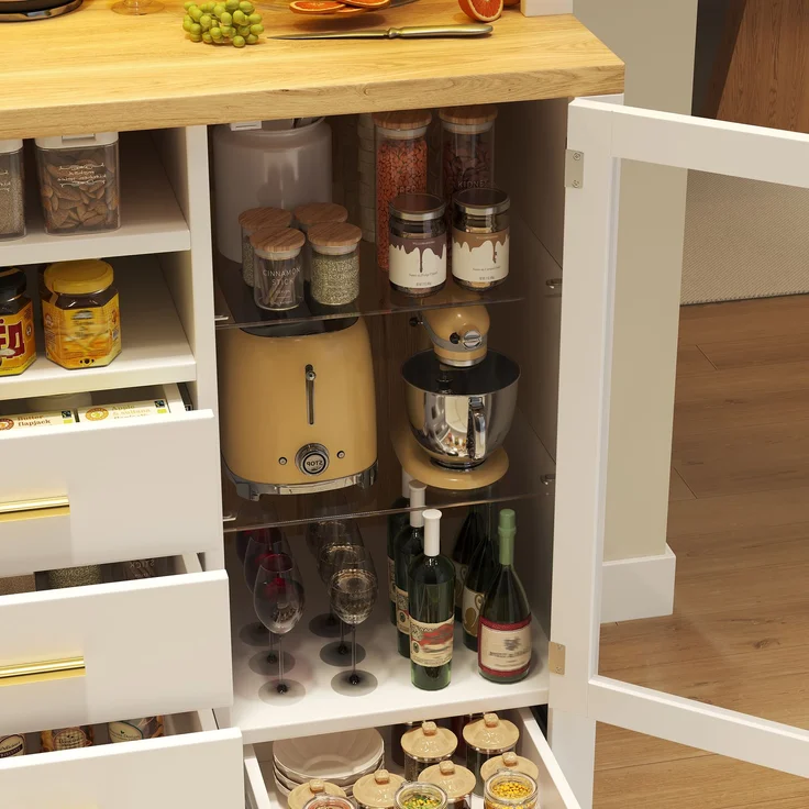 EINHOM Seitenboard / Aufbewahrungsschrank / Multifunktions-Küchenschrank / Buffetschrank, 120 x 40 x 188 cm, Landhausstil, 4 Türen, mit LED-Lichtleiste, 6 Schubladen & 3 Türen, Weiß mit Holzoptik – Bild 6