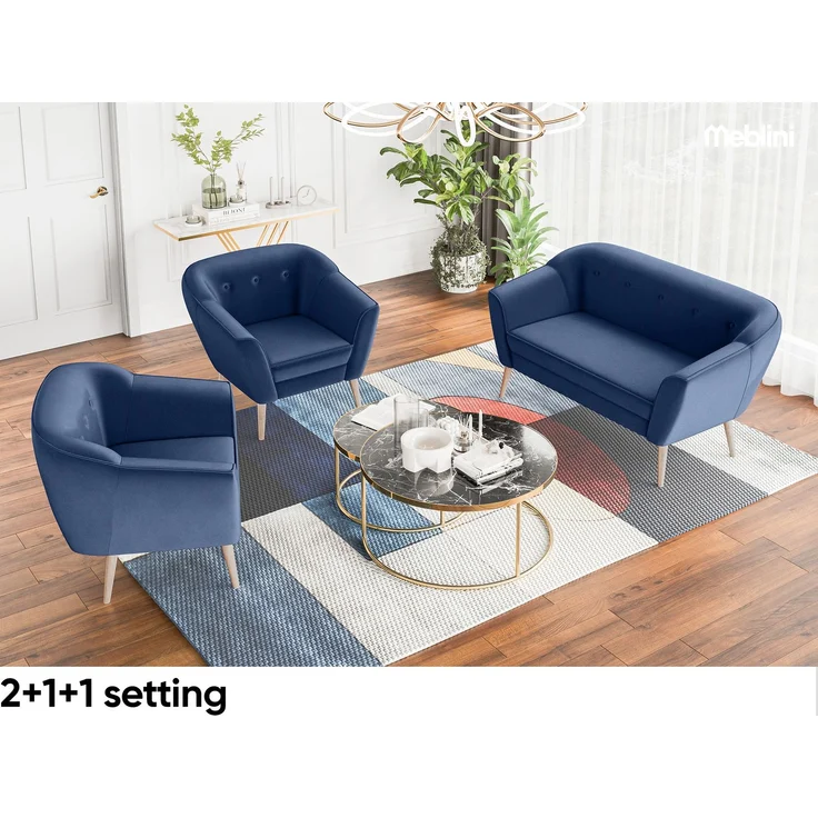 MEBLINI Mini Sofa Set 2-1 für Wohnzimmer - Mini Lounge für drei Personen - Küchensofa - Sofa Klein - Sitzgarnitur - Polstergarnitur - Sofagarnituren - DORIS - 2+1 - Blau Samt – Bild 5