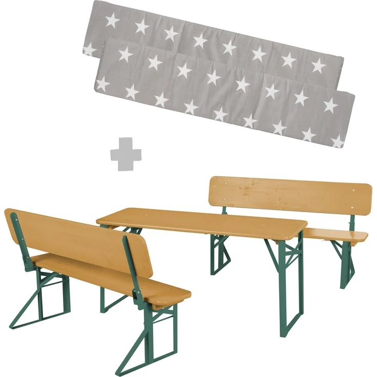 roba Outdoor Party-Garnitur für Kinder + Polster 'Little Stars' - Kindersitzgruppe mit Lehne aus FSC zertifiziertem Holz - 2 Bänke + 1 Tisch - Klappbare Sitzmöbel - Teak – Bild 1