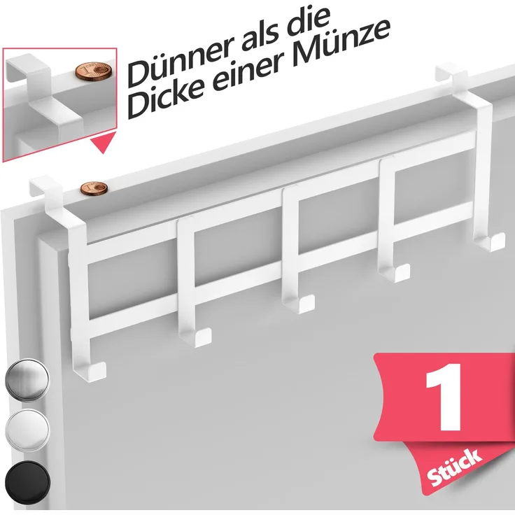 Lindenstein Türgarderobe für Falztüren innen, 5 Haken, Edelstahl, Weiß – bis 15 kg