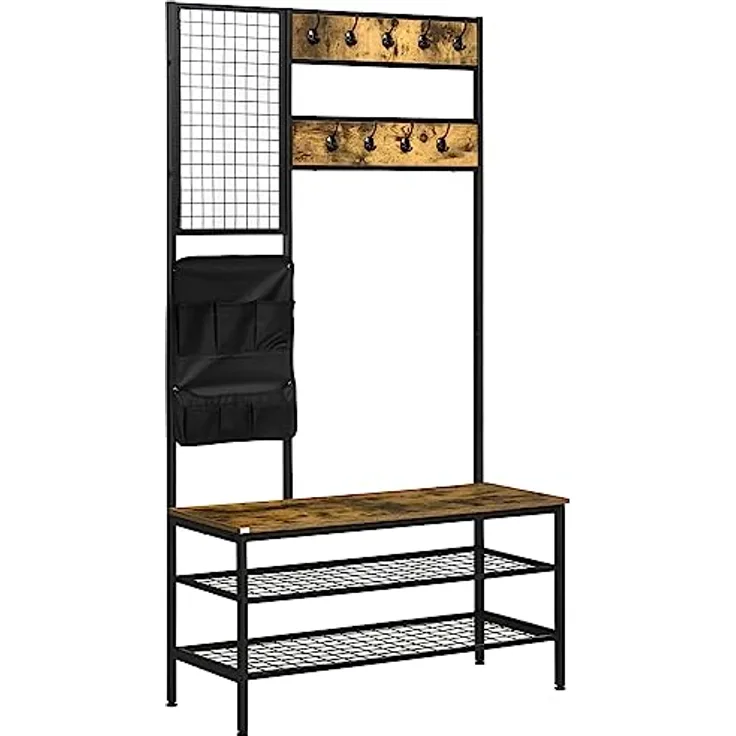 HOMCOM Garderobenständer, Braun, Metall und Holzwerkstoff, mit Schuhregal, 9 Haken und Memo-Board, 100x40x185 cm